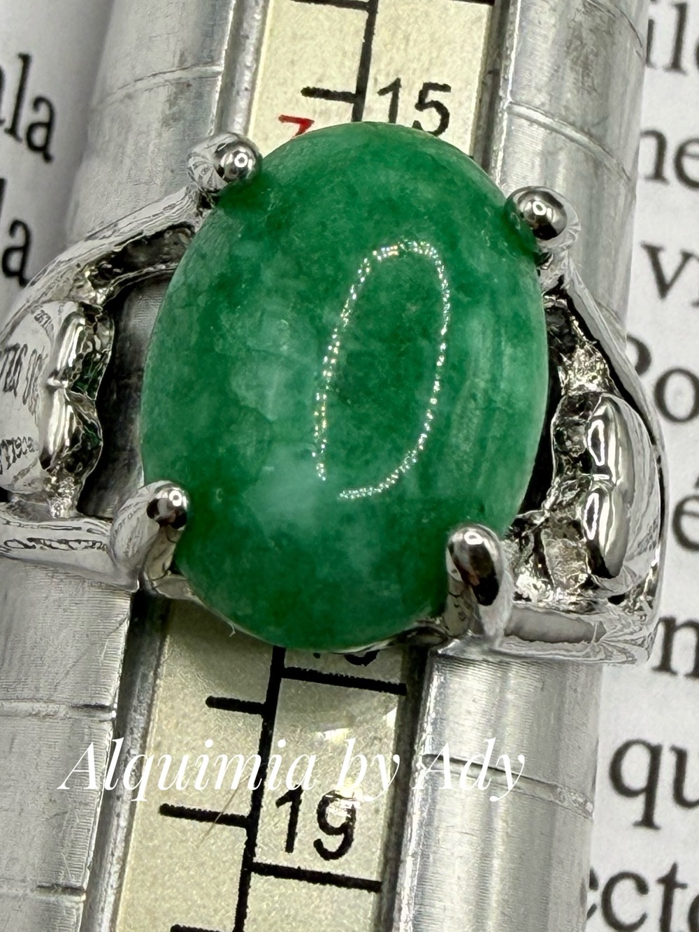 Green jade silver Victorian ring/wealth and good luck healing crystal - Picture 2 of 7